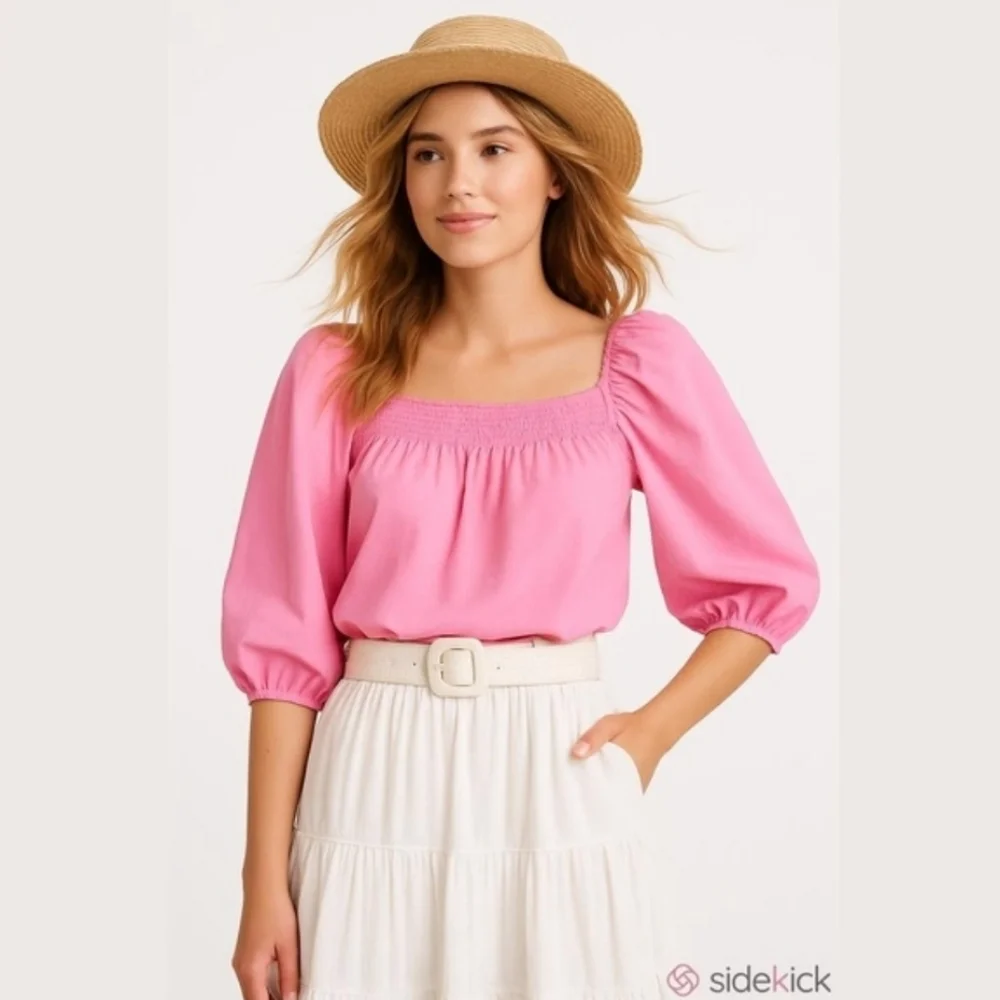 Smocked Peasant Blouse With Puff Sleeves Cotton Pink Small Cottagecore - Picture 4 of 14